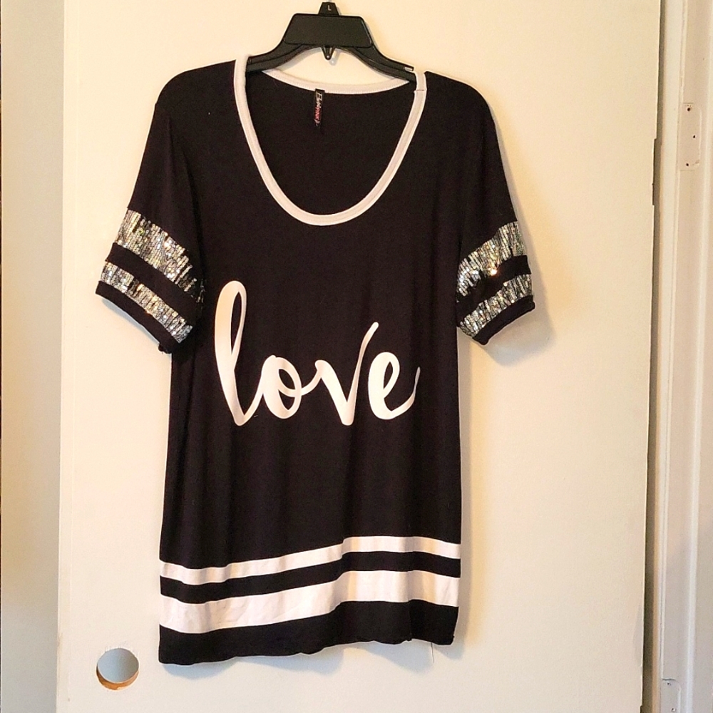 Fashion  black and tshirt with sequin stripes on sleeve. "LOVE" written on front